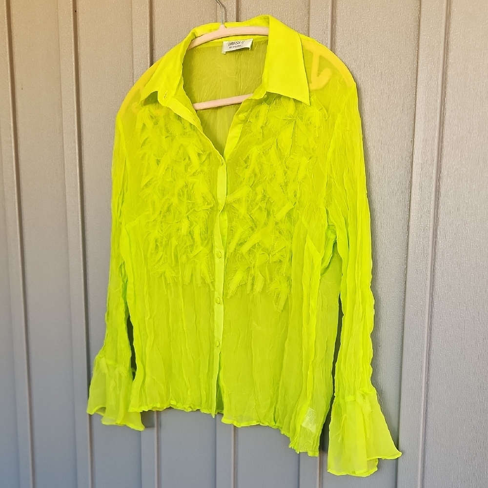 Sheer Ruffle Front Button-Down Blouse - Neon Yellow - Picture 3 of 7